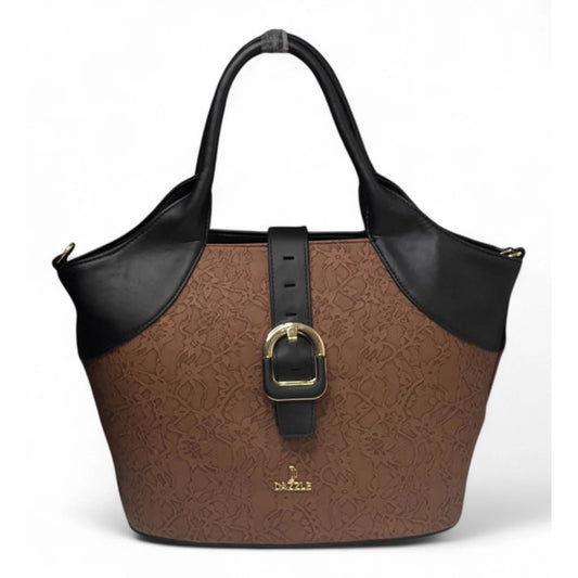 Generic Women's Polyurethane Textured Two-Tone Tote Handbag with Adjustable & Removable Strap (Brown)