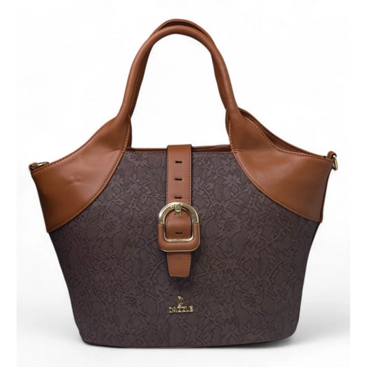Generic Women's Polyurethane Textured Two-Tone Tote Handbag with Adjustable & Removable Strap (Dark Brown)