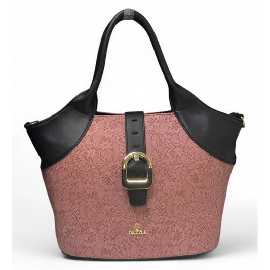 Generic Women's Polyurethane Textured Two-Tone Tote Handbag with Adjustable & Removable Strap (Pink)