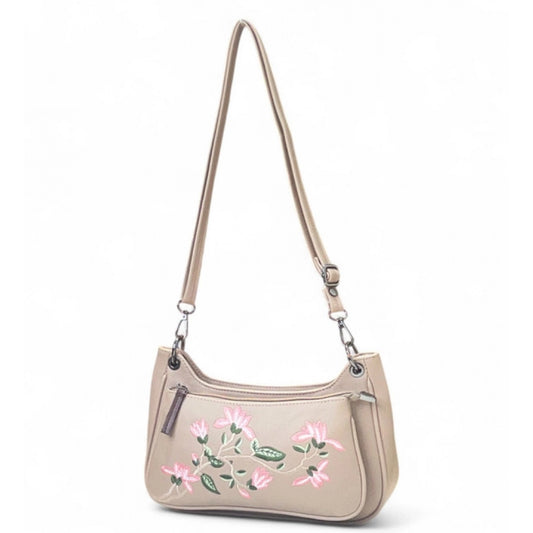 Generic Women's Polyurethane Floral Embroidered Crossbody Sling Bag with Adjustable & Removable Strap (Beige)