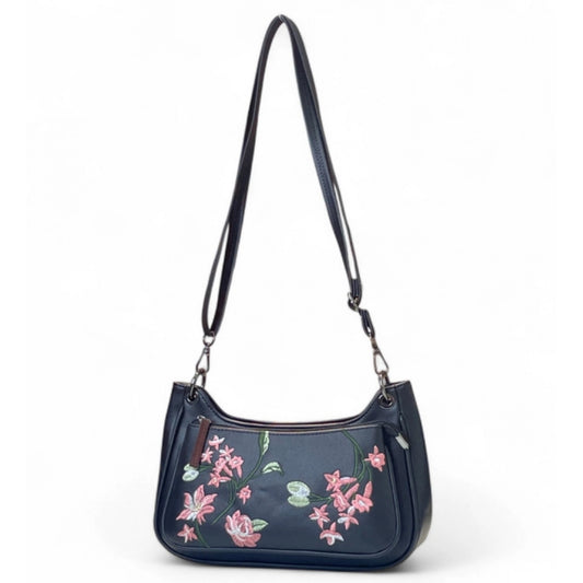 Generic Women's Polyurethane Floral Embroidered Crossbody Sling Bag with Adjustable & Removable Strap (Black)