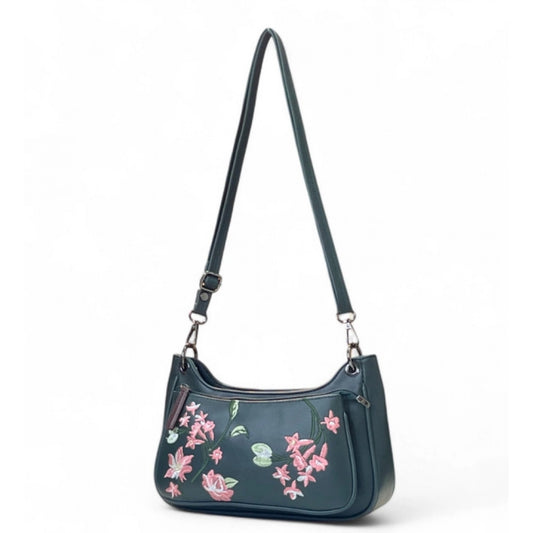 Generic Women's Polyurethane Floral Embroidered Crossbody Sling Bag with Adjustable & Removable Strap (Blue)