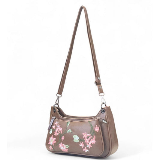 Generic Women's Polyurethane Floral Embroidered Crossbody Sling Bag with Adjustable & Removable Strap (Brown)