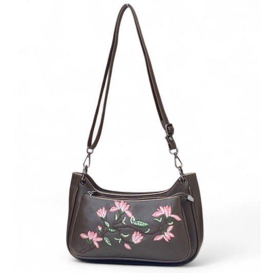Generic Women's Polyurethane Floral Embroidered Crossbody Sling Bag with Adjustable & Removable Strap (Dark Brown)