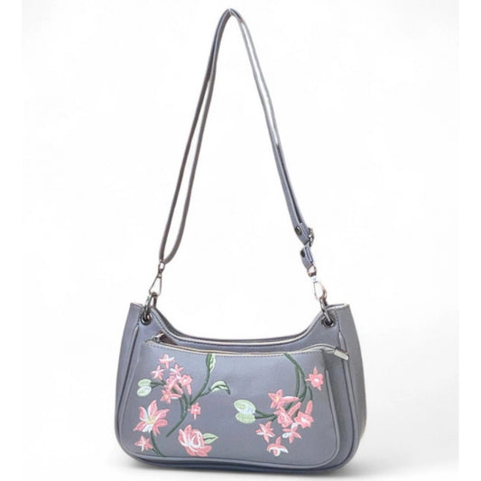 Generic Women's Polyurethane Floral Embroidered Crossbody Sling Bag with Adjustable & Removable Strap (Grey)