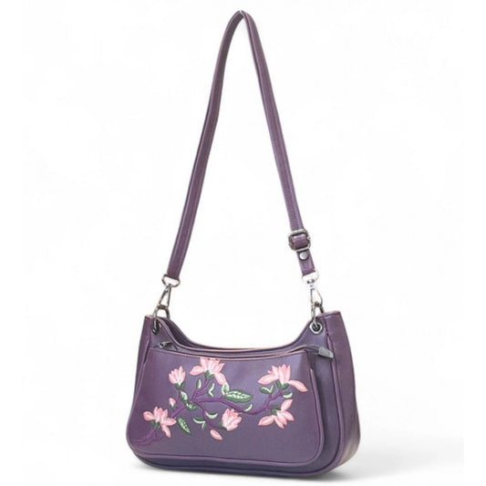 Generic Women's Polyurethane Floral Embroidered Crossbody Sling Bag with Adjustable & Removable Strap (Purple)
