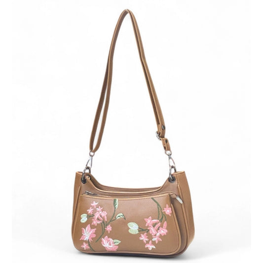 Generic Women's Polyurethane Floral Embroidered Crossbody Sling Bag with Adjustable & Removable Strap (Tan)