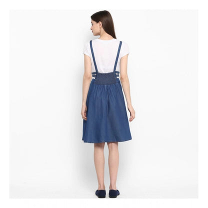 Generic Women's Denim Solid Shoulder Straps Below Knee Dress (Blue)