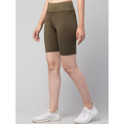 Generic Women's Polyester Solid Above Knee High-Rise Shorts (Olive)