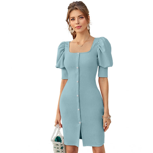 Generic Women's Knitting stretchable Solid Square Neck 3-4 Puff Sleeve Dress (Pista)