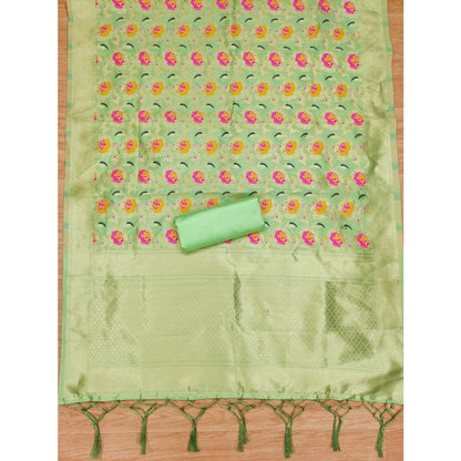 Generic Women's Banarasi Silk Printed Unstitched Salwar Suit Material With Dupatta (Pista, 3Mtrs)