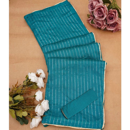 Generic Women's Vichitra Silk Striped Saree With Unstitched Blouse 5.5Mtr (Sky Blue)