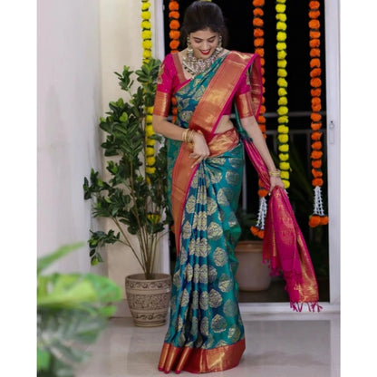 Generic Women's Silk Printed Saree With Unstitched Blouse 5.5Mtr (Teal Blue)