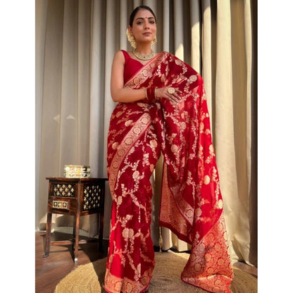 Generic Women's Silk Printed Saree With Unstitched Blouse 5.5Mtr (Red)