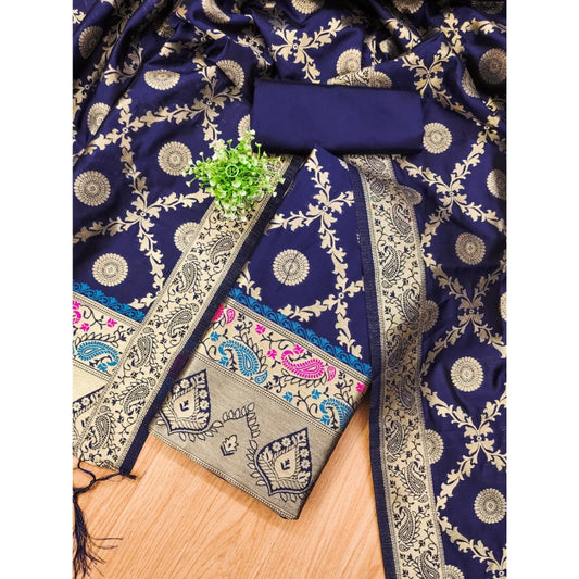 Generic Women's Banarasi Silk Printed Unstitched Salwar Suit Material With Dupatta (Navy Blue, 3Mtrs)