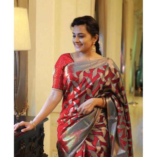 Generic Women's Litchi silk Printed Saree With Unstitched Blouse (Red)