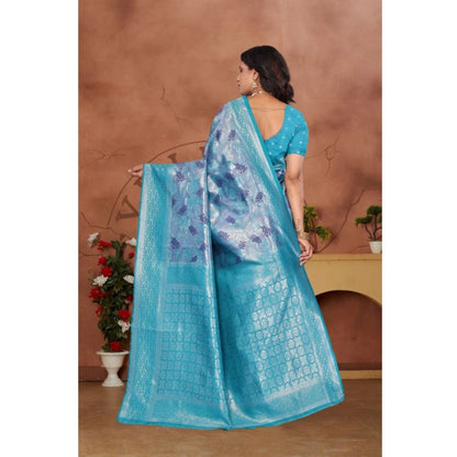 Generic Women's Banarasi Silk Jaquard Woven Saree With Unstitched Blouse 5.5Mtr (Light Blue)