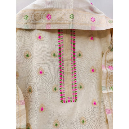 Generic Women's Banarasi Silk Printed Unstitched Salwar Suit Material With Dupatta (White, 3Mtrs)