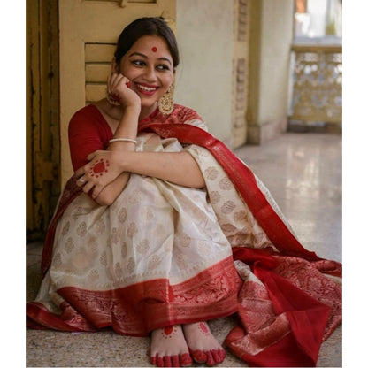 Generic Women's Soft Lichi Silk Printed Saree With Unstitched Blouse 5.5Mtr (White)