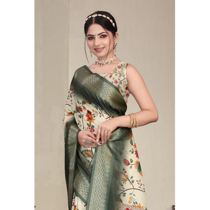 Generic Women's Cotton Silk  Printed Saree With Unstitched Blouse 5.5Mtr (Green)