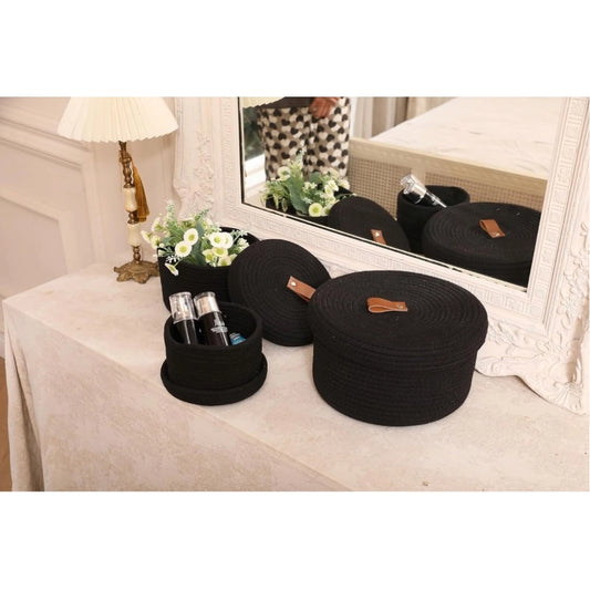 Generic Cotton 3 Pcs Set Roti Box Storage Basket With Lid (Black)