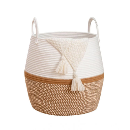 Generic Cotton Matka With Handle 14x12 Inch Storage Basket For Clothes With Out Lid (Beige-White)