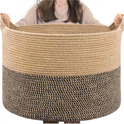 Generic Cotton Pack Of_1 16x14 Inch Storage Basket For Clothes With Out Lid (Beige-Beige-Black)