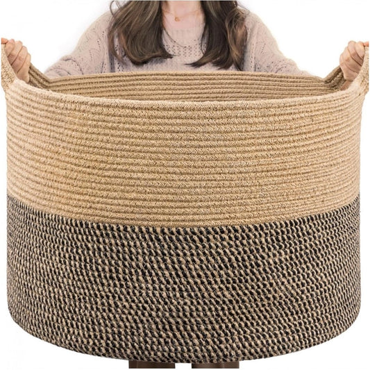 Generic Cotton Pack Of_1 16x14 Inch Storage Basket For Clothes With Out Lid (Beige-Beige-Black)