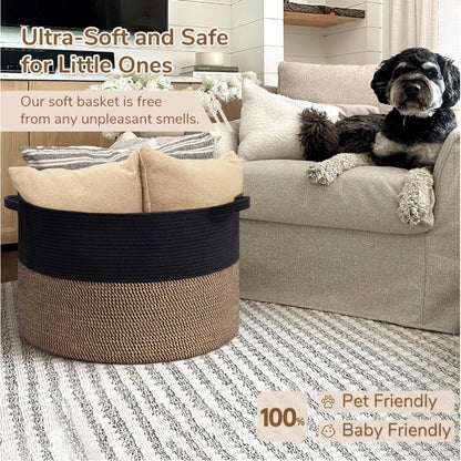 Generic Cotton Pack Of_1 16x14 Inch Storage Basket For Clothes With Out Lid (Black-Beige-Black)