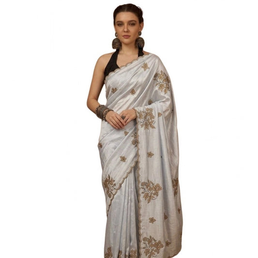 Generic Women's Viscose Silk Embroidered Saree With Unstitched Blouse 5.5Mtr (Grey)