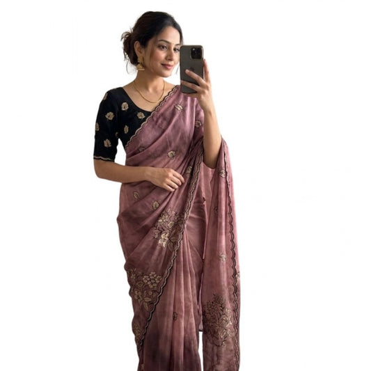 Generic Women's Viscose Silk Embroidered Saree With Unstitched Blouse 5.5Mtr (Pink)