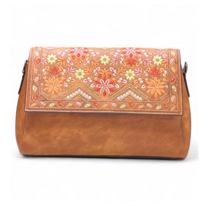 Generic Women's Polyurethane Floral Embroidered Crossbody Sling Bag with Adjustable &amp; Removable Strap (Tan)