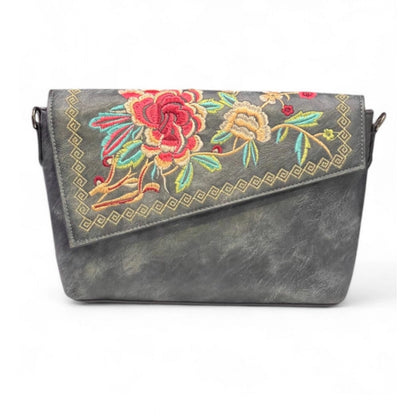 Generic Women's Polyurethane Floral Embroidered Crossbody Sling Bag with Adjustable &amp; Removable Strap (Grey)