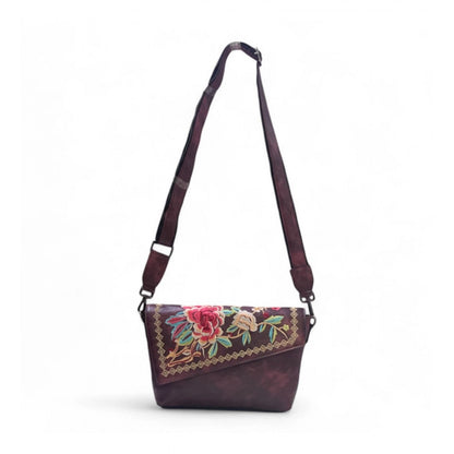 Generic Women's Polyurethane Floral Embroidered Crossbody Sling Bag with Adjustable &amp; Removable Strap (Red)