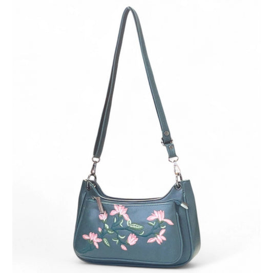 Generic Women's Polyurethane Floral Embroidered Crossbody Sling Bag with Adjustable &amp; Removable Strap (Light Blue)