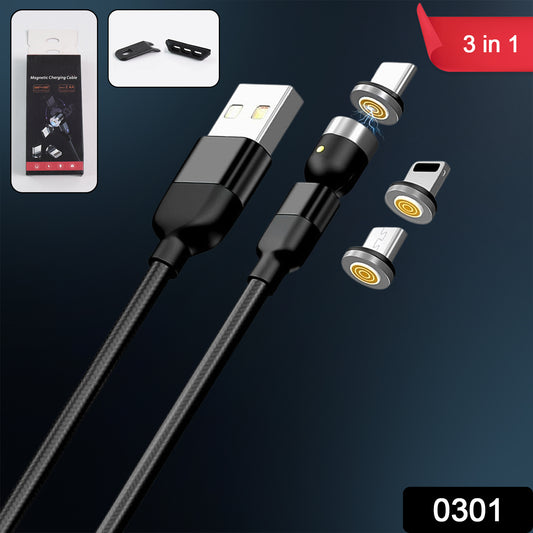 0301 3 In 1 Magnetic Usb Charging Cable  Usb-c Android And Lightning With Extra Protecting Nylon Strong Magnetic Cable With Full Rotation Support Fast Charging